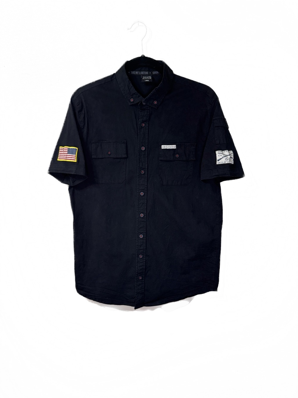 Grunt Style Large short sleeve Button Up Shirt USA Flag Tactical Black Mens